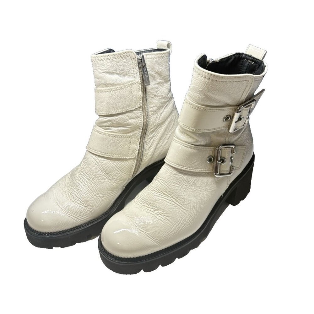 PAUL GREEN Women Jake Boots Crinkle Leather Zip Side Buckle‎ Accent Sz 6 Ivory